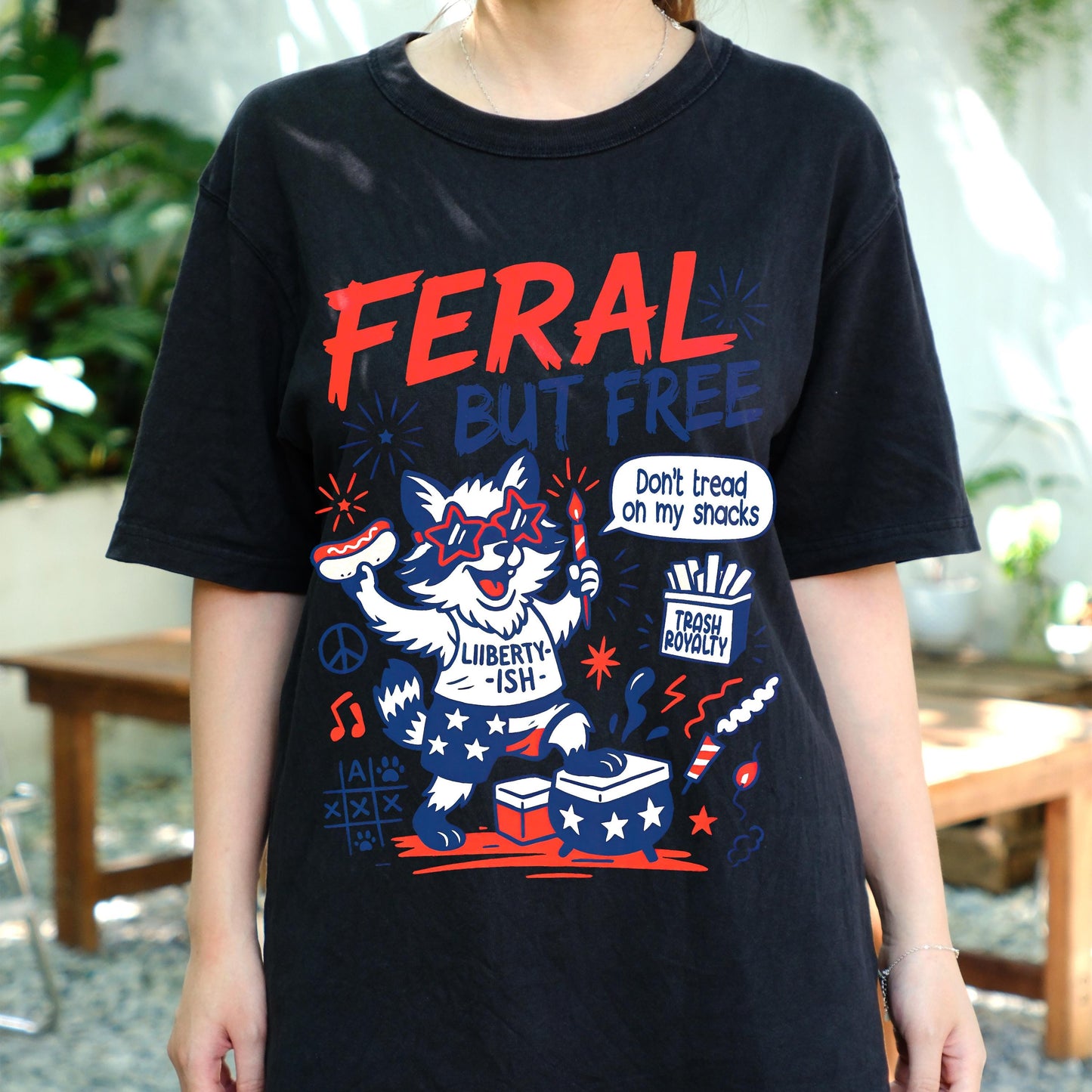 Feral But Free Raccoon Shirt, Funny 4th of July Tee, Patriotic Animal Graphic T-Shirt, Liberty-ish USA Meme Shirt, Independence Day Outfit