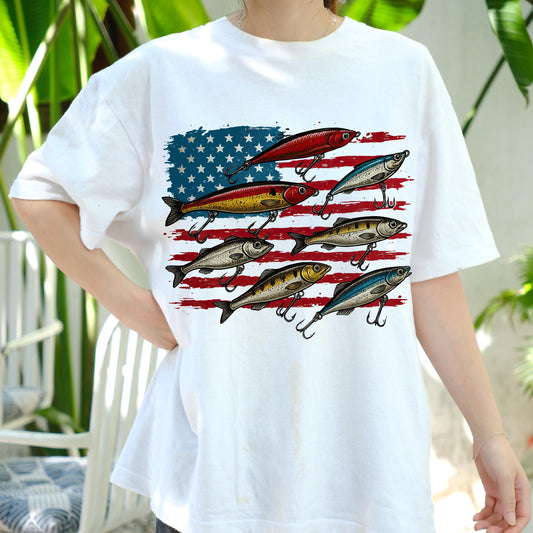 American Flag Fishing Lure Shirt, Patriotic Fisherman T-Shirt, 4th of July Fishing Tee, USA Outdoor Shirt, Bass Fishing Gift for Him