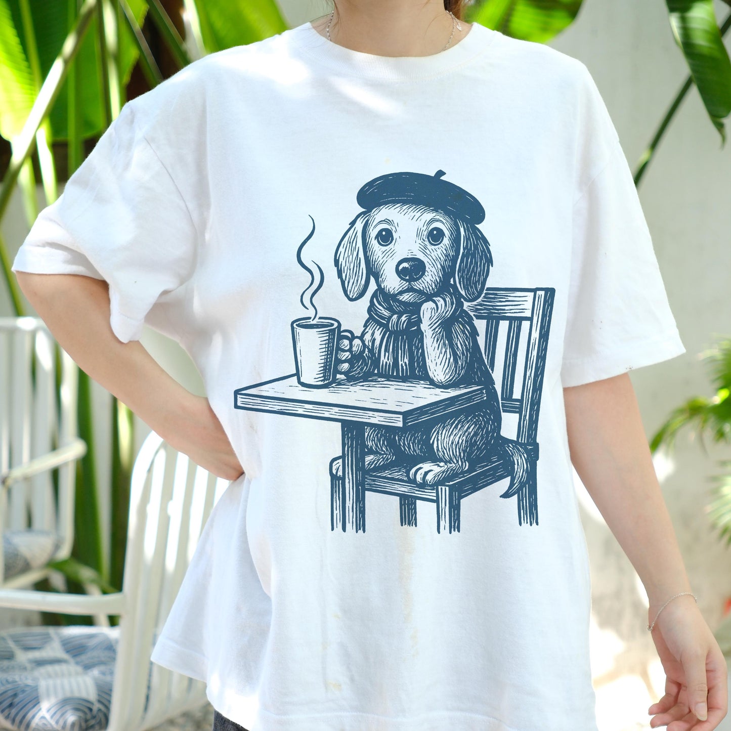French Artist Dog Shirt, Cute Coffee Lover Tee, Beret Puppy Graphic T-Shirt, Retro Café Dog Art Top, Funny Dog Lover Gift for Women Men