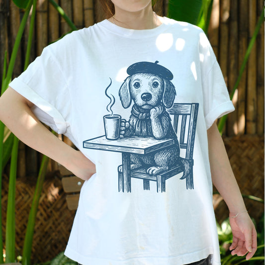 French Artist Dog Shirt, Cute Coffee Lover Tee, Beret Puppy Graphic T-Shirt, Retro Café Dog Art Top, Funny Dog Lover Gift for Women Men
