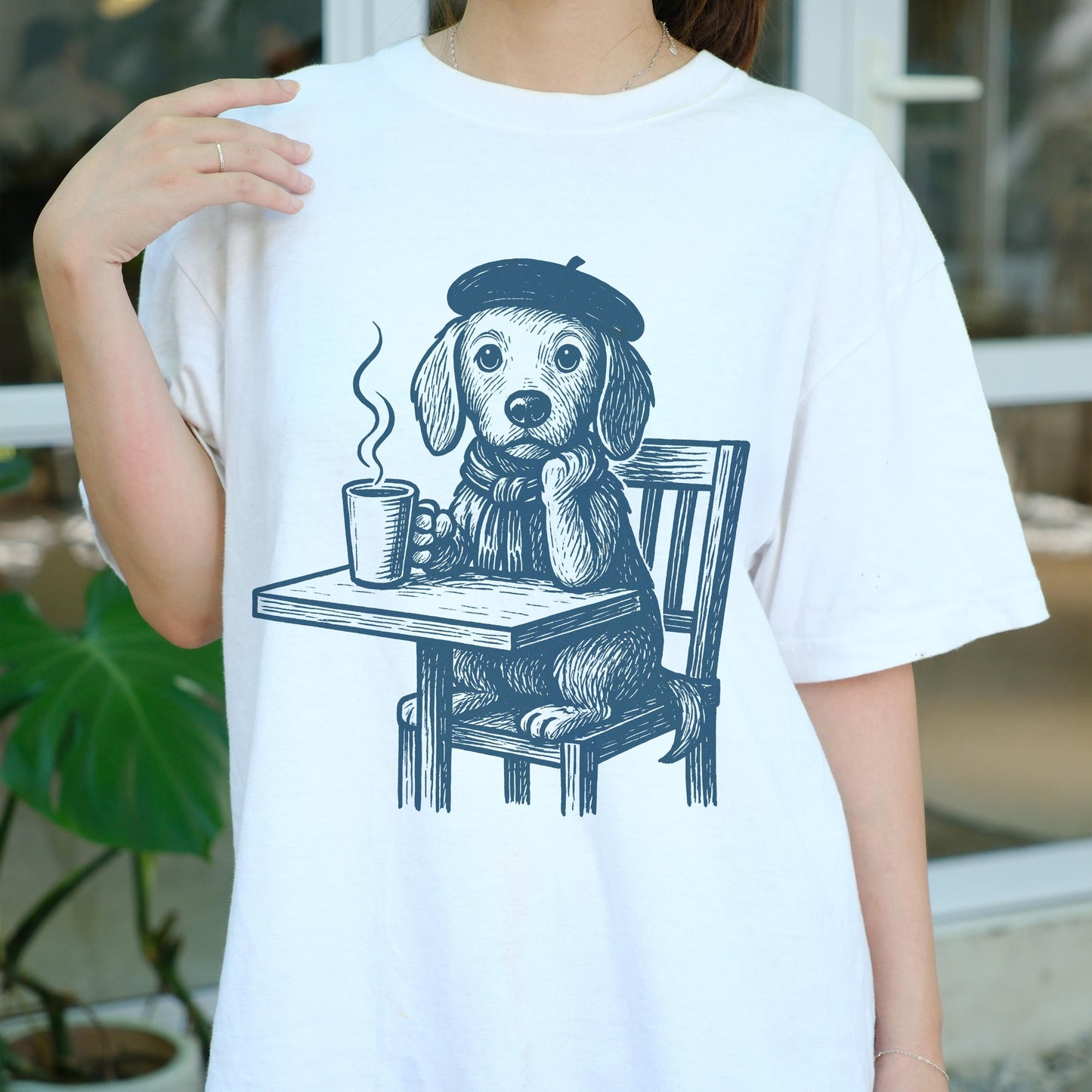 French Artist Dog Shirt, Cute Coffee Lover Tee, Beret Puppy Graphic T-Shirt, Retro Café Dog Art Top, Funny Dog Lover Gift for Women Men