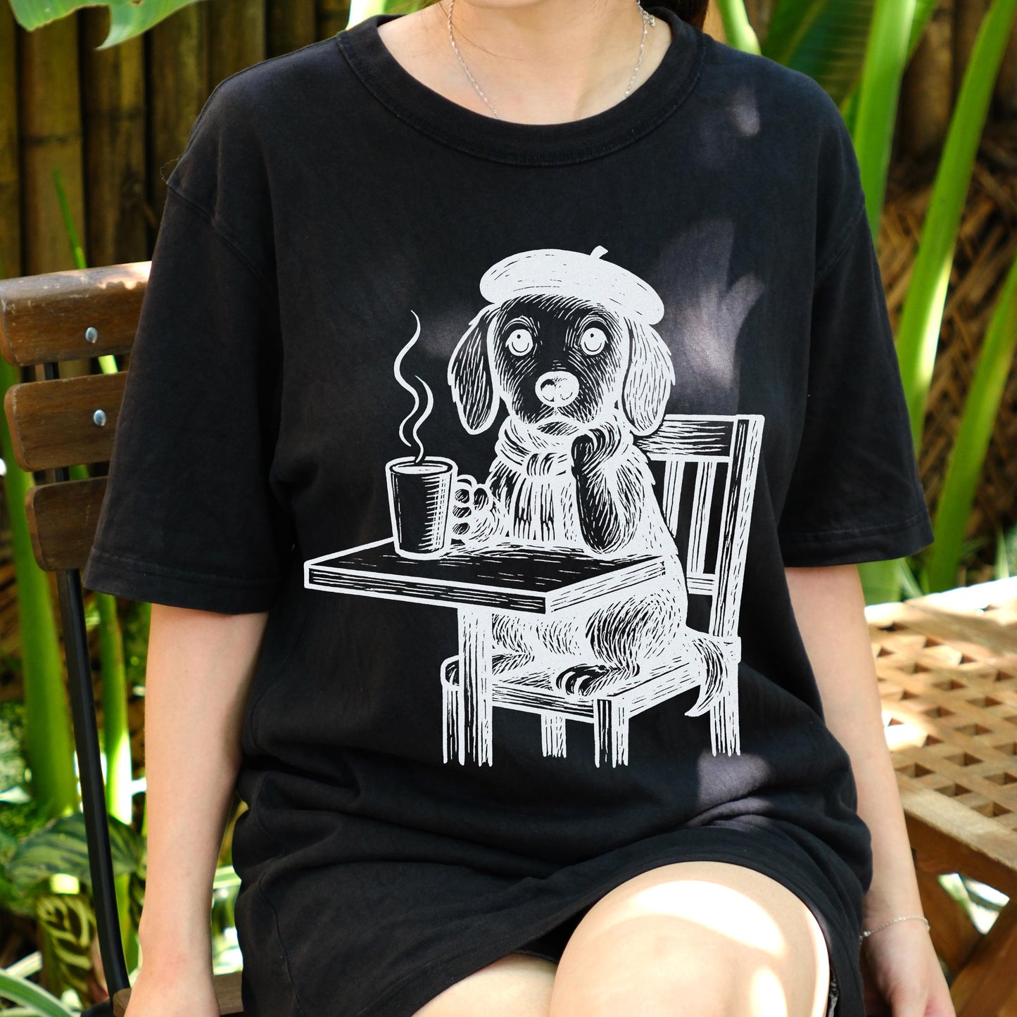 French Artist Dog Shirt, Cute Coffee Lover Tee, Beret Puppy Graphic T-Shirt, Retro Café Dog Art Top, Funny Dog Lover Gift for Women Men