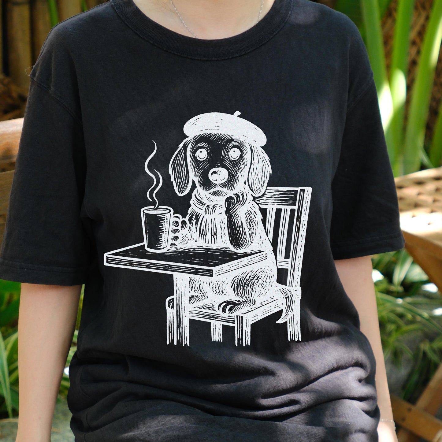 French Artist Dog Shirt, Cute Coffee Lover Tee, Beret Puppy Graphic T-Shirt, Retro Café Dog Art Top, Funny Dog Lover Gift for Women Men