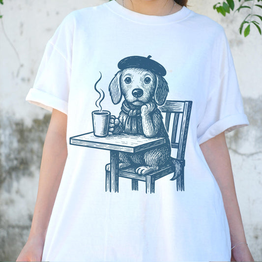 French Artist Dog Shirt, Cute Coffee Lover Tee, Beret Puppy Graphic T-Shirt, Retro Café Dog Art Top, Funny Dog Lover Gift for Women Men