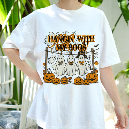 Hangin' With My Boos Shirt, Cute Ghost Friends Halloween Tee, Funny Spooky Season T-Shirt, Pumpkin Ghost Group Top, Fall Party Outfit