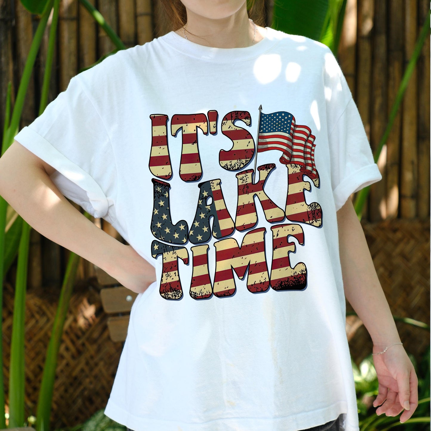 It’s Lake Time Shirt, Patriotic American Flag Lake Tee, Summer Lake Life Graphic T-Shirt, 4th of July Boating Top, Retro USA Vacation Tee