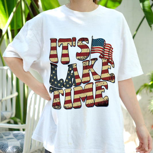 It’s Lake Time Shirt, Patriotic American Flag Lake Tee, Summer Lake Life Graphic T-Shirt, 4th of July Boating Top, Retro USA Vacation Tee