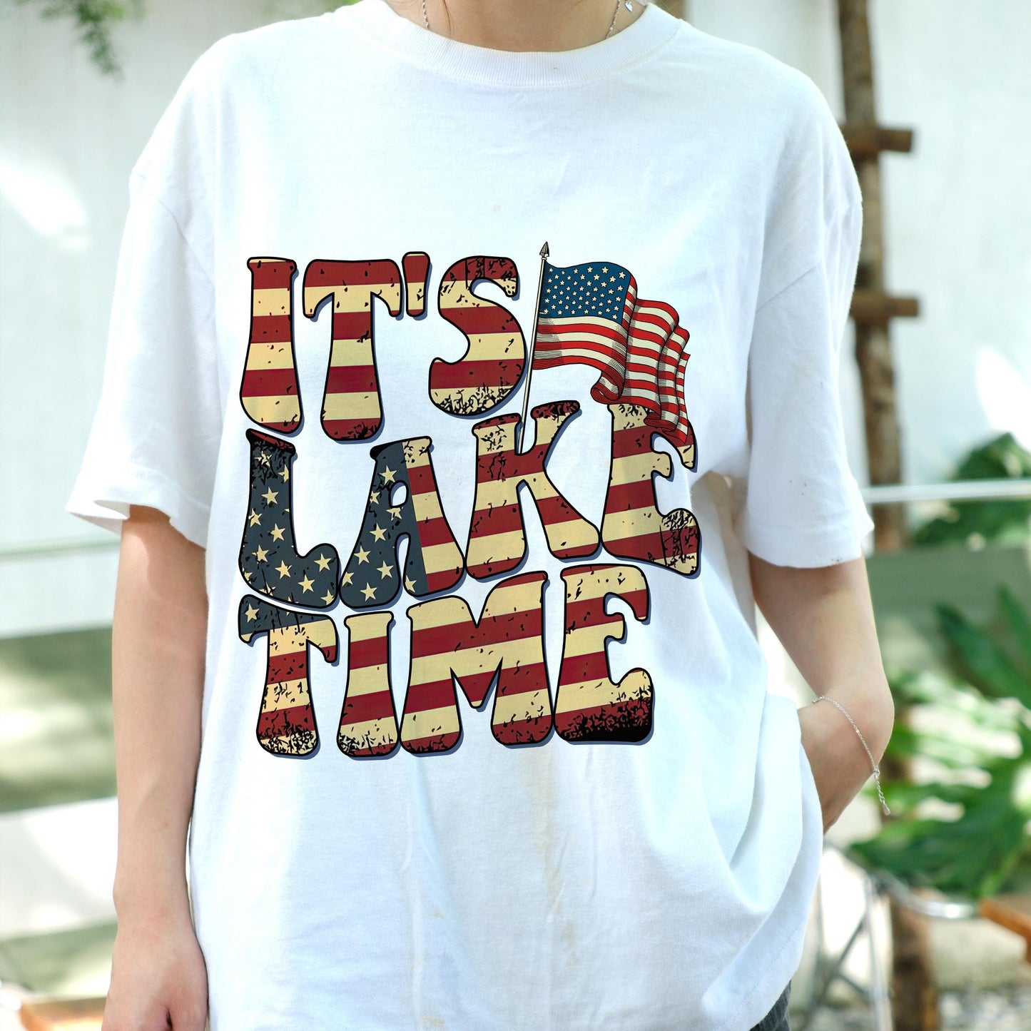 It’s Lake Time Shirt, Patriotic American Flag Lake Tee, Summer Lake Life Graphic T-Shirt, 4th of July Boating Top, Retro USA Vacation Tee