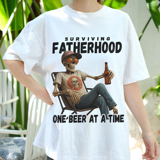 Surviving Fatherhood One Beer at a Time Shirt, Funny Dad Skeleton Tee, Father’s Day Gift Shirt, Beer Lover T-Shirt, Cool Dad Outfit