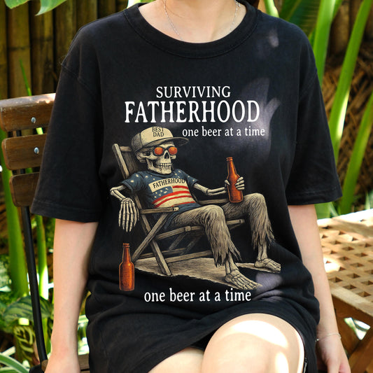Surviving Fatherhood One Beer at a Time Shirt, Funny Dad Skeleton Tee, Patriotic Beer Lover Shirt, Best Dad Gift, 4th of July Dad Tee