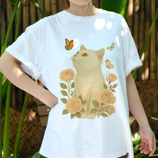 Vintage Cat Shirt, Floral Cat T-Shirt, Butterfly Cat Tee, Aesthetic Cat Lover Gift, Retro Animal Shirt, Cute Kitty Graphic Tee