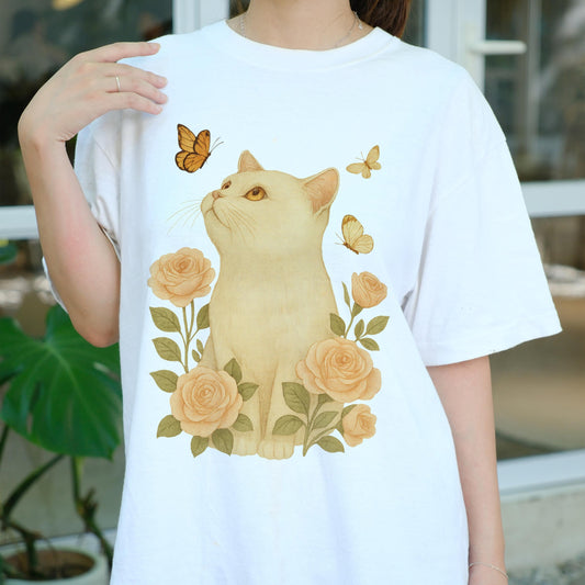 Vintage Cat Shirt, Floral Cat T-Shirt, Butterfly Cat Tee, Aesthetic Cat Lover Gift, Retro Animal Shirt, Cute Kitty Graphic Tee