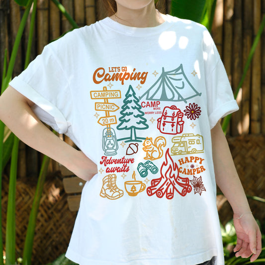 Let’s Go Camping Shirt, Adventure Awaits Tee, Happy Camper T-Shirt, Outdoor Hiking Top, RV Camper Gift, Camping Graphic Tee