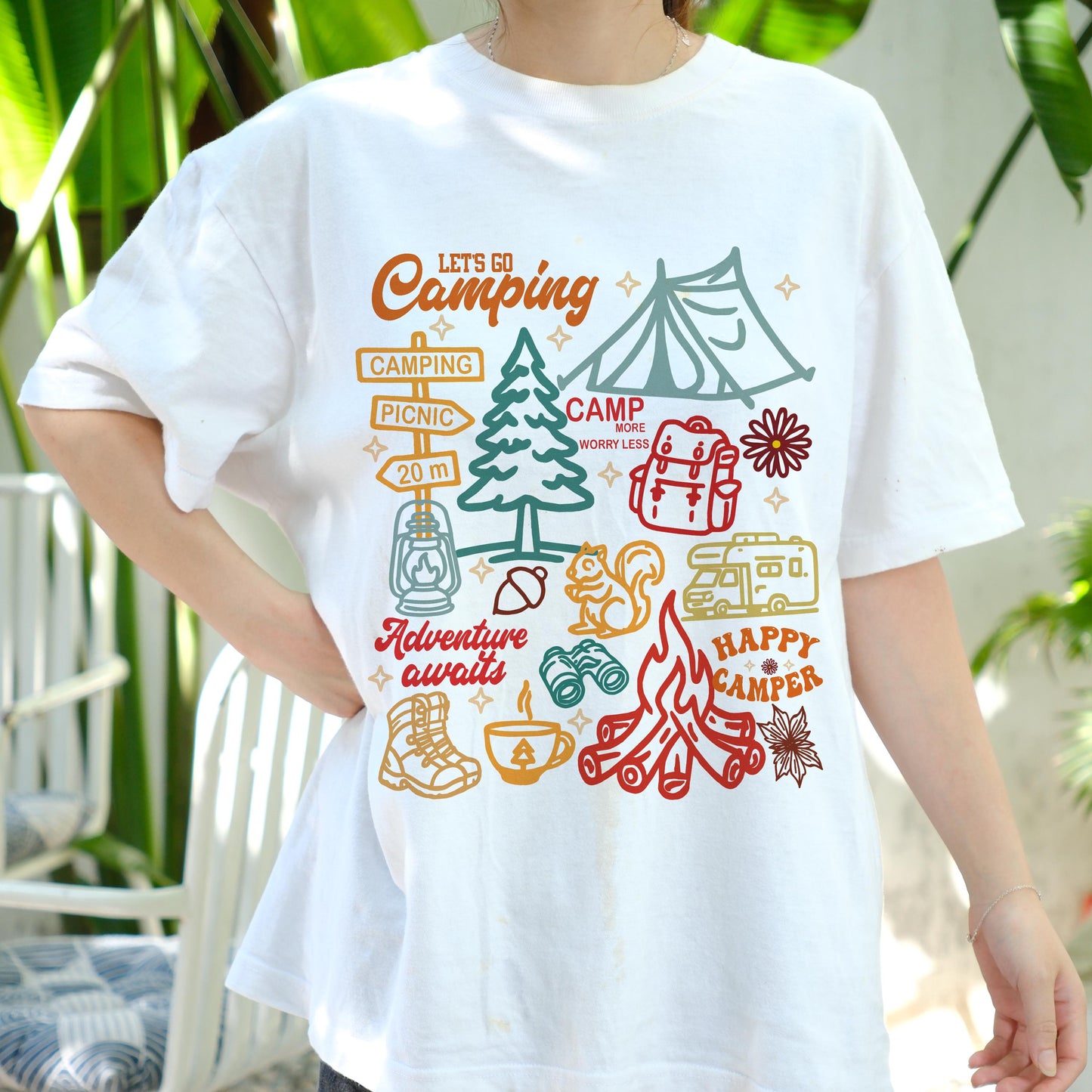 Let’s Go Camping Shirt, Adventure Awaits Tee, Happy Camper T-Shirt, Outdoor Hiking Top, RV Camper Gift, Camping Graphic Tee