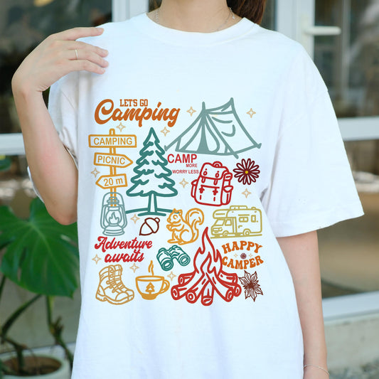 Let’s Go Camping Shirt, Adventure Awaits Tee, Happy Camper T-Shirt, Outdoor Hiking Top, RV Camper Gift, Camping Graphic Tee