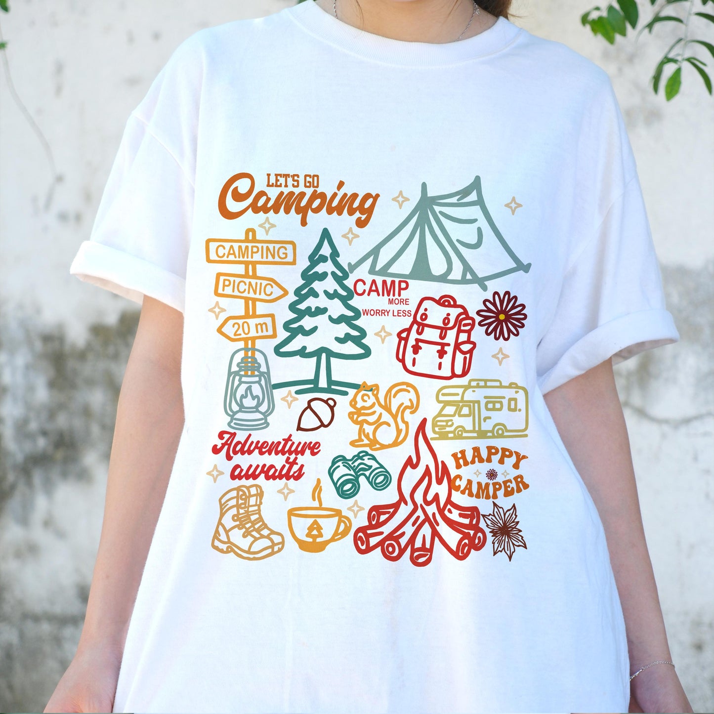 Let’s Go Camping Shirt, Adventure Awaits Tee, Happy Camper T-Shirt, Outdoor Hiking Top, RV Camper Gift, Camping Graphic Tee