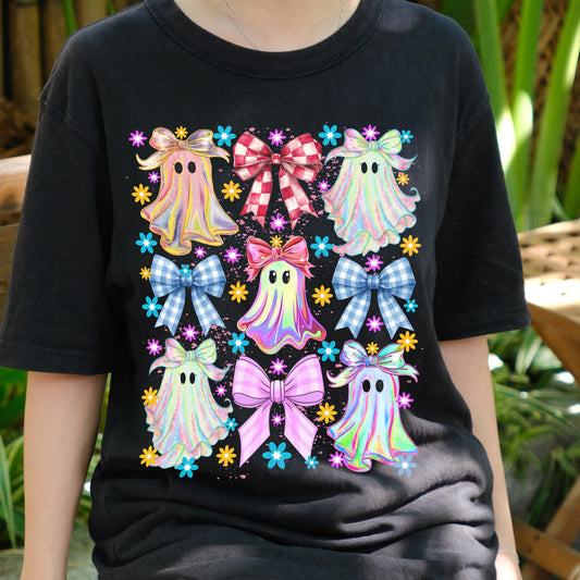 Kawaii Ghost Shirt, Cute Pastel Halloween T-Shirt, Colorful Bow Ghosts Tee, Spooky Cute Aesthetic, Girly Halloween Top