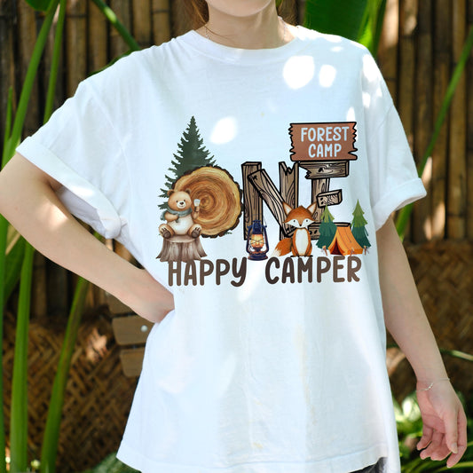 One Happy Camper Birthday Shirt, Forest Camping Theme Tee, Woodland Animal 1st Birthday Outfit, Camping Party Gift