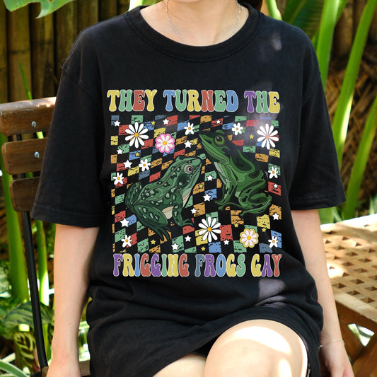 They Turned the Frogs Gay Shirt, Funny Conspiracy Meme Tee, Retro Rainbow Frog T-Shirt, Queer Pride Humor Shirt, Vaporwave Aestheti