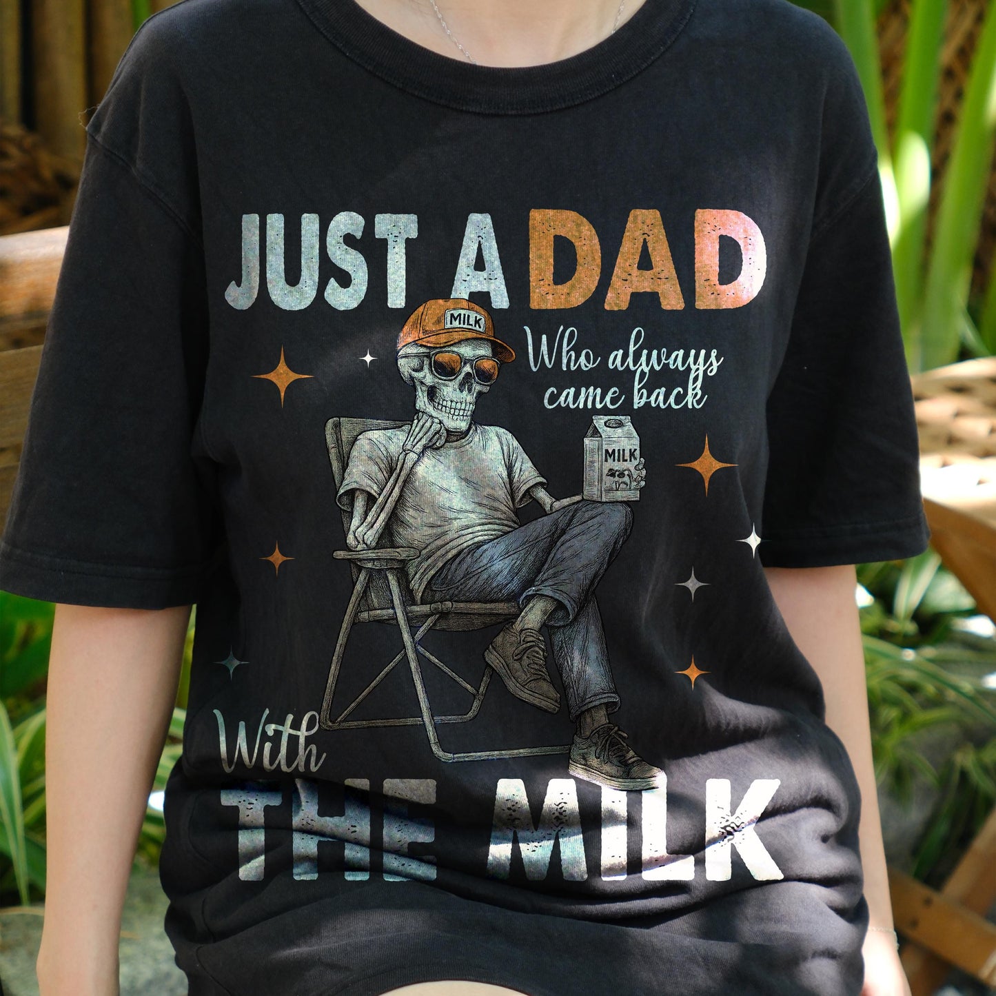 Just a Dad Who Came Back With the Milk Shirt, Funny Skeleton Dad Tee, Father’s Day Humor T-Shirt, Cool Retro Dad Joke Gift Idea