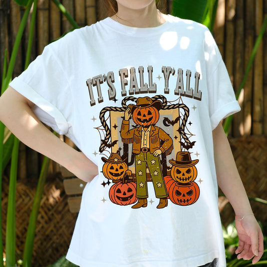 It’s Fall Y’all Shirt, Pumpkin Cowboy Tee, Retro Fall Halloween T-Shirt, Western Autumn Graphic Top, Fall Season Gift, Cute Fall Tee