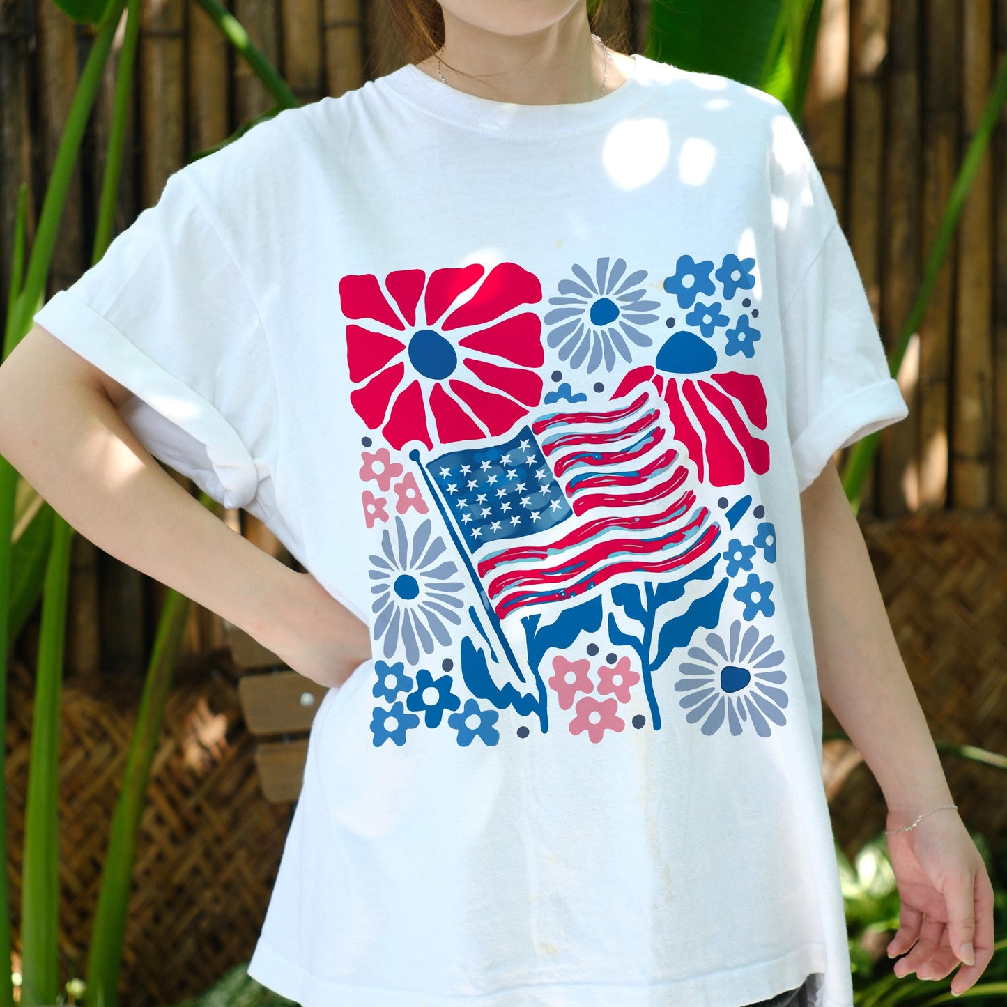 Patriotic Flower Flag Shirt, 4th of July Tee, American Flag Floral T-Shirt, Independence Day Top, USA Summer Shirt, Memorial Day Gift