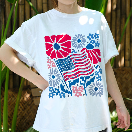 Patriotic Flower Flag Shirt, 4th of July Tee, American Flag Floral T-Shirt, Independence Day Top, USA Summer Shirt, Memorial Day Gift