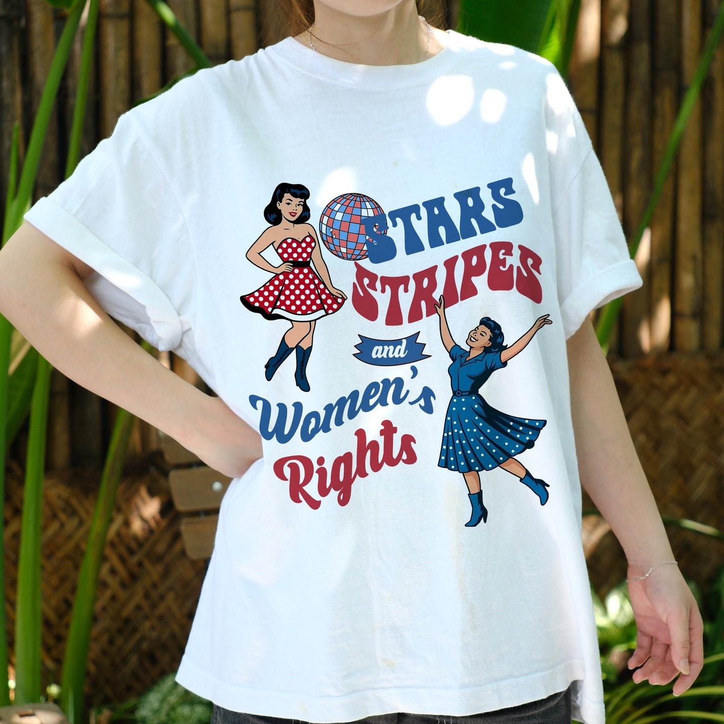 Stars Stripes and Women’s Rights Shirt, Retro Feminist USA Tee, Patriotic 4th of July Pinup T-Shirt, Girl Power Independence Day Top
