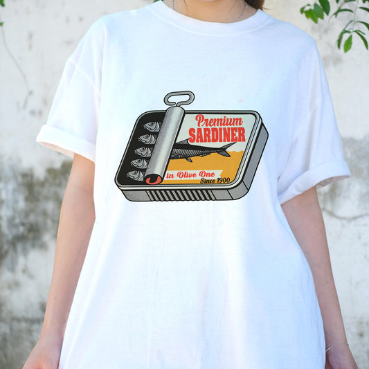 Premium Sardine Shirt, Funny Retro Fish Can Tee, Vintage Food Graphic T-Shirt, Quirky Ocean Aesthetic Tee, Ironic Seafood Lover Gift