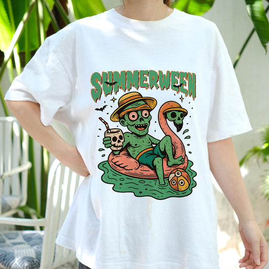 Summerween Shirt, Funny Halloween in Summer Tee, Zombie Pool Float T-Shirt, Spooky Beach Vibes Unisex Graphic Tee, Creepy Cute Top