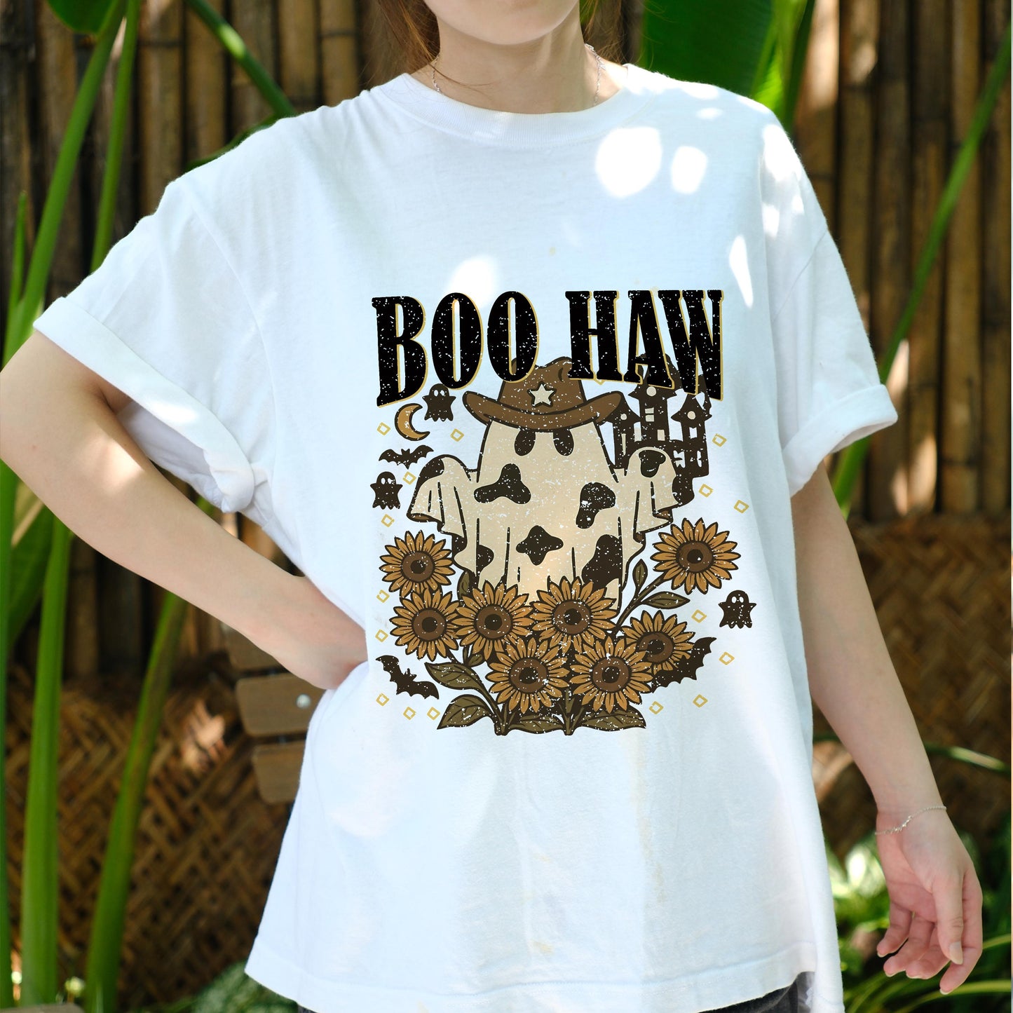 Boo Haw Shirt, Western Ghost Halloween Tee, Spooky Cow Print Ghost Shirt, Sunflower Fall Cowgirl T-Shirt, Retro Country Halloween Top