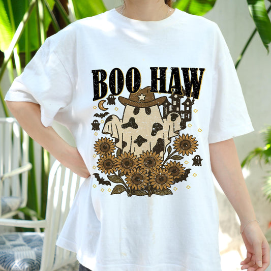 Boo Haw Shirt, Western Ghost Halloween Tee, Spooky Cow Print Ghost Shirt, Sunflower Fall Cowgirl T-Shirt, Retro Country Halloween Top