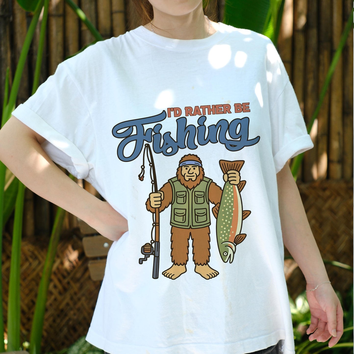 I'd Rather Be Fishing Bigfoot Shirt, Funny Fisherman Tee for Men, Sasquatch Holding Fish Graphic T-shirt, Outdoors Lake Fishing Gift