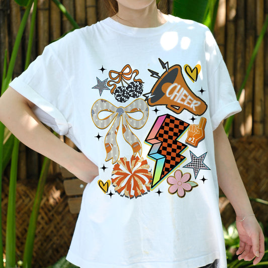 Retro Cheerleading Shirt, Cheer Squad Tee, Cheerleader Graphic T-Shirt, Game Day Spirit Wear, Pom Pom Bow Megaphone Top