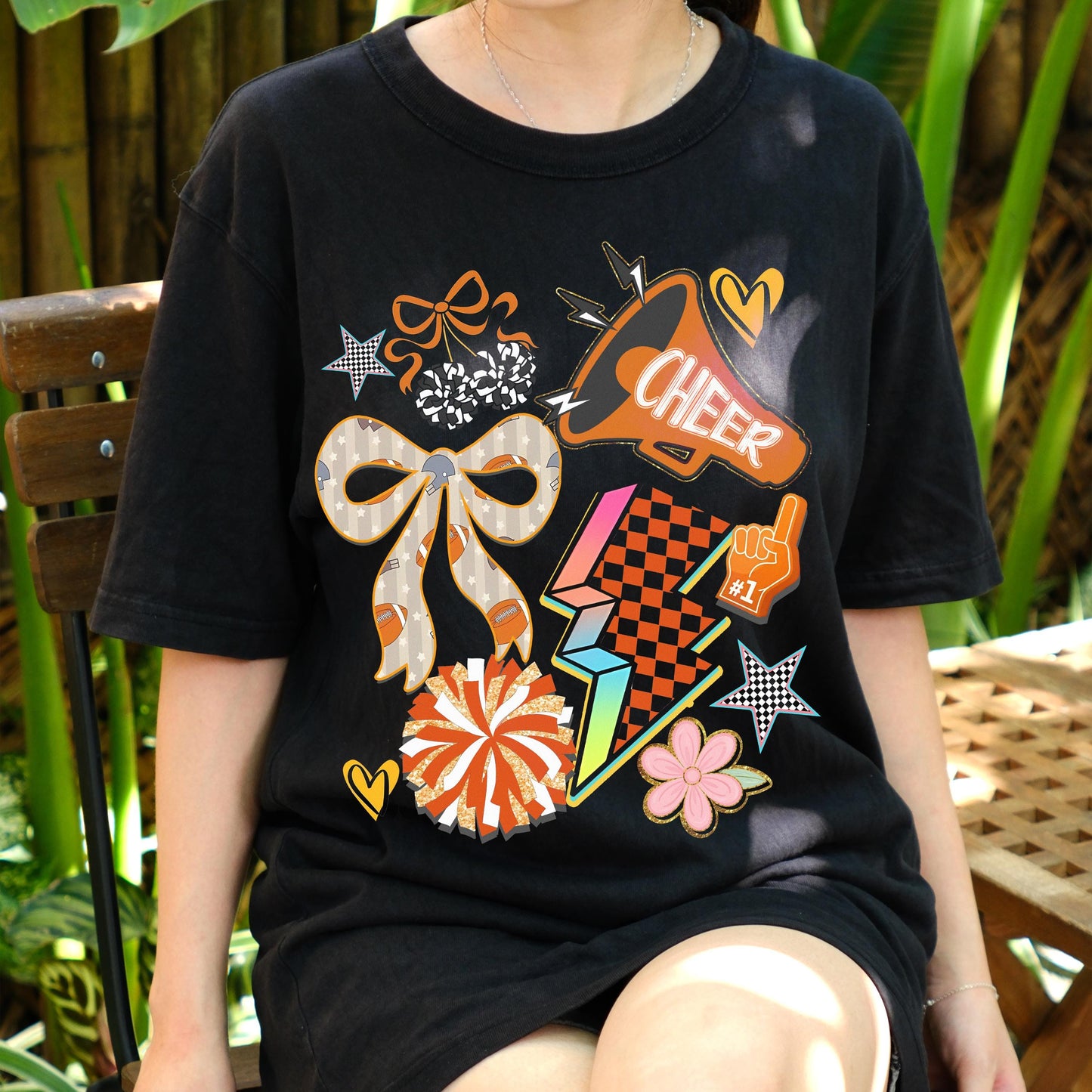 Retro Cheerleading Shirt, Cheer Squad Tee, Cheerleader Graphic T-Shirt, Game Day Spirit Wear, Pom Pom Bow Megaphone Top