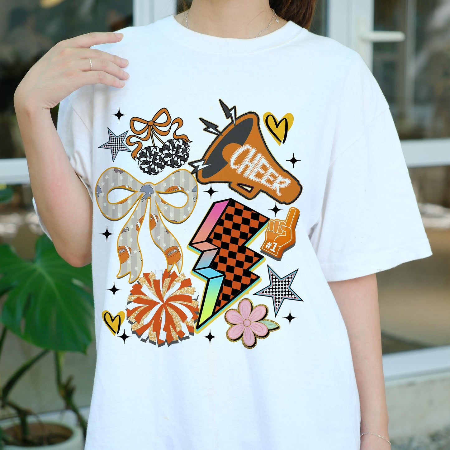Retro Cheerleading Shirt, Cheer Squad Tee, Cheerleader Graphic T-Shirt, Game Day Spirit Wear, Pom Pom Bow Megaphone Top