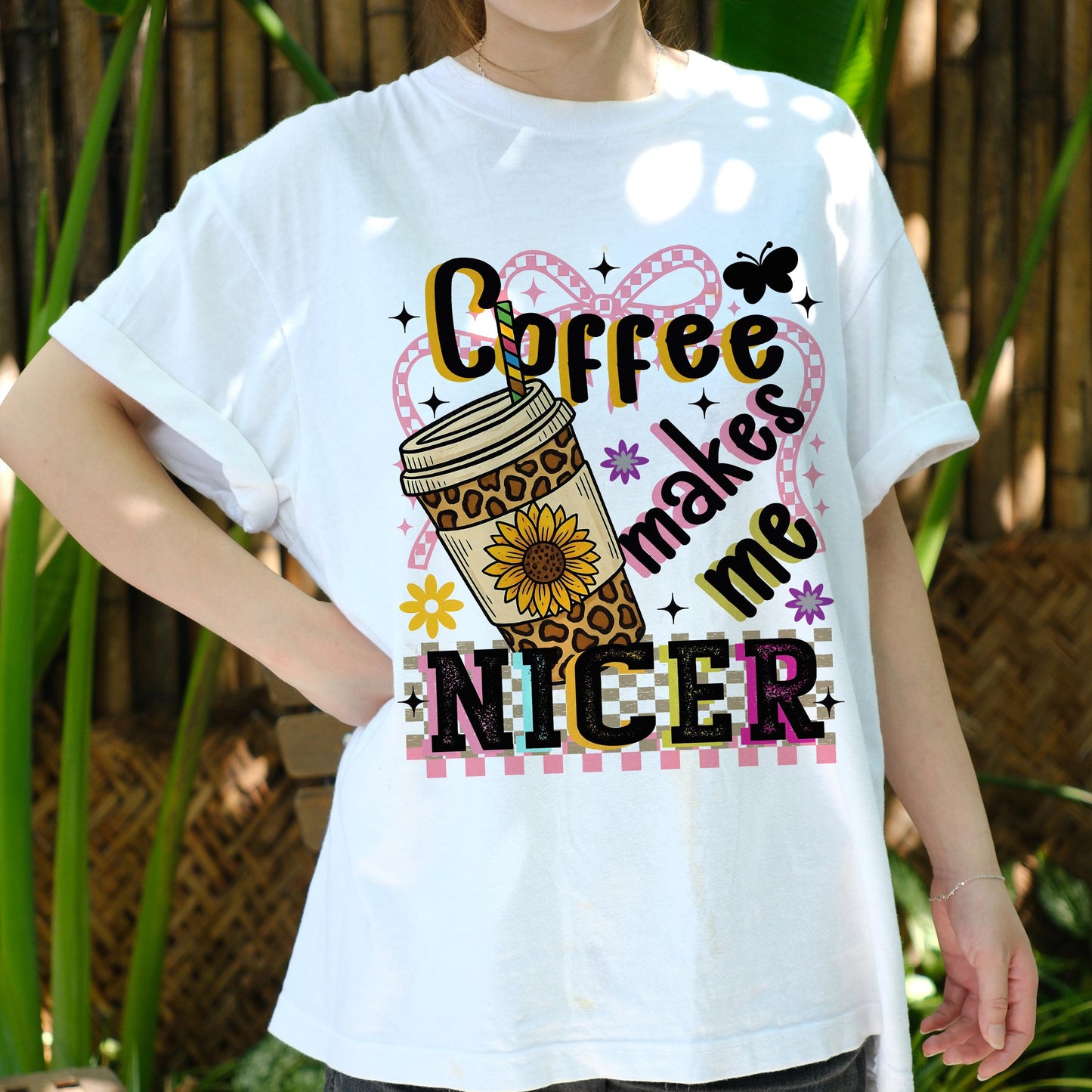 Coffee Makes Me Nicer Shirt, Funny Coffee Lover Tee, Sunflower Leopard Print Shirt, Cute Barista Graphic T-Shirt, Caffeine Tee