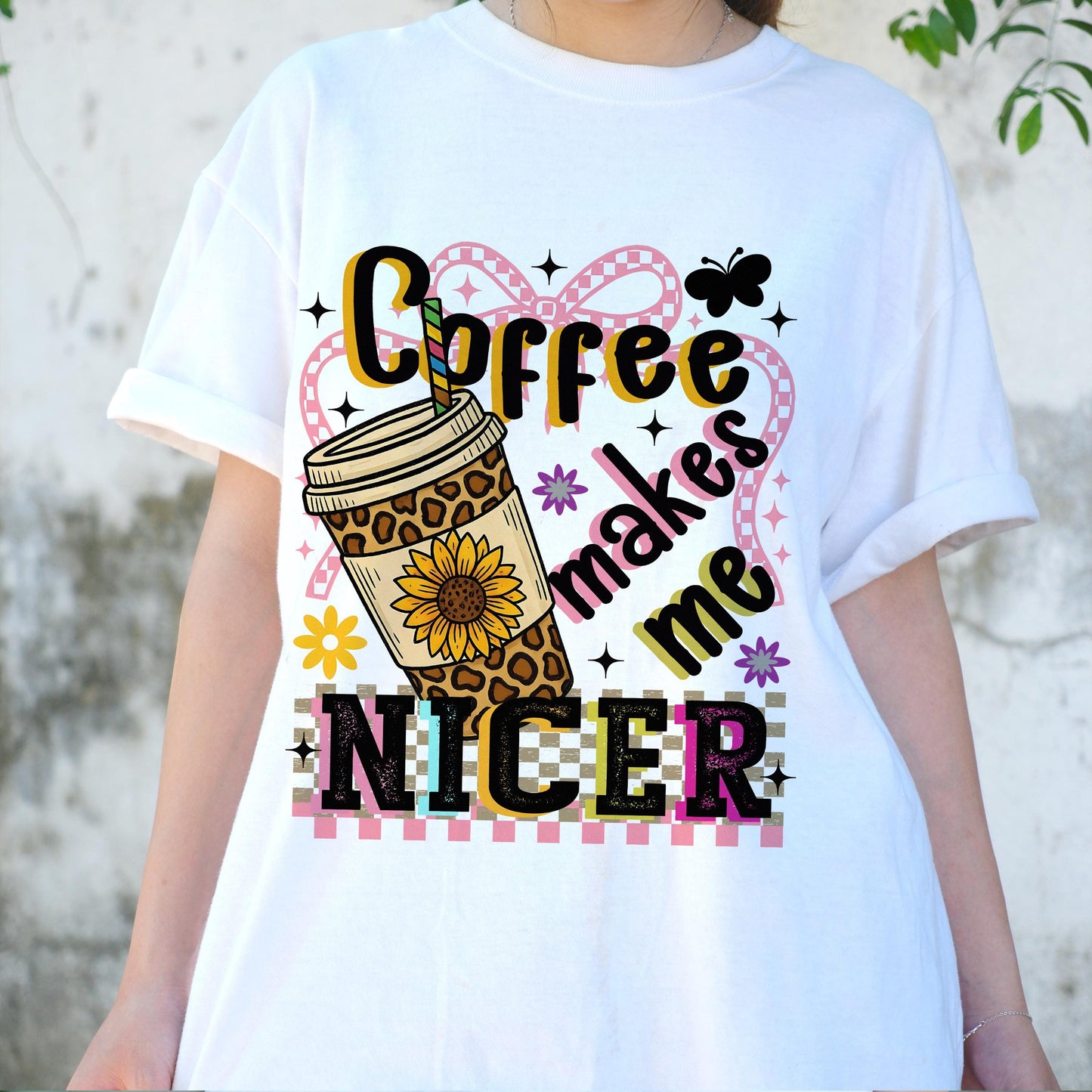 Coffee Makes Me Nicer Shirt, Funny Coffee Lover Tee, Sunflower Leopard Print Shirt, Cute Barista Graphic T-Shirt, Caffeine Tee