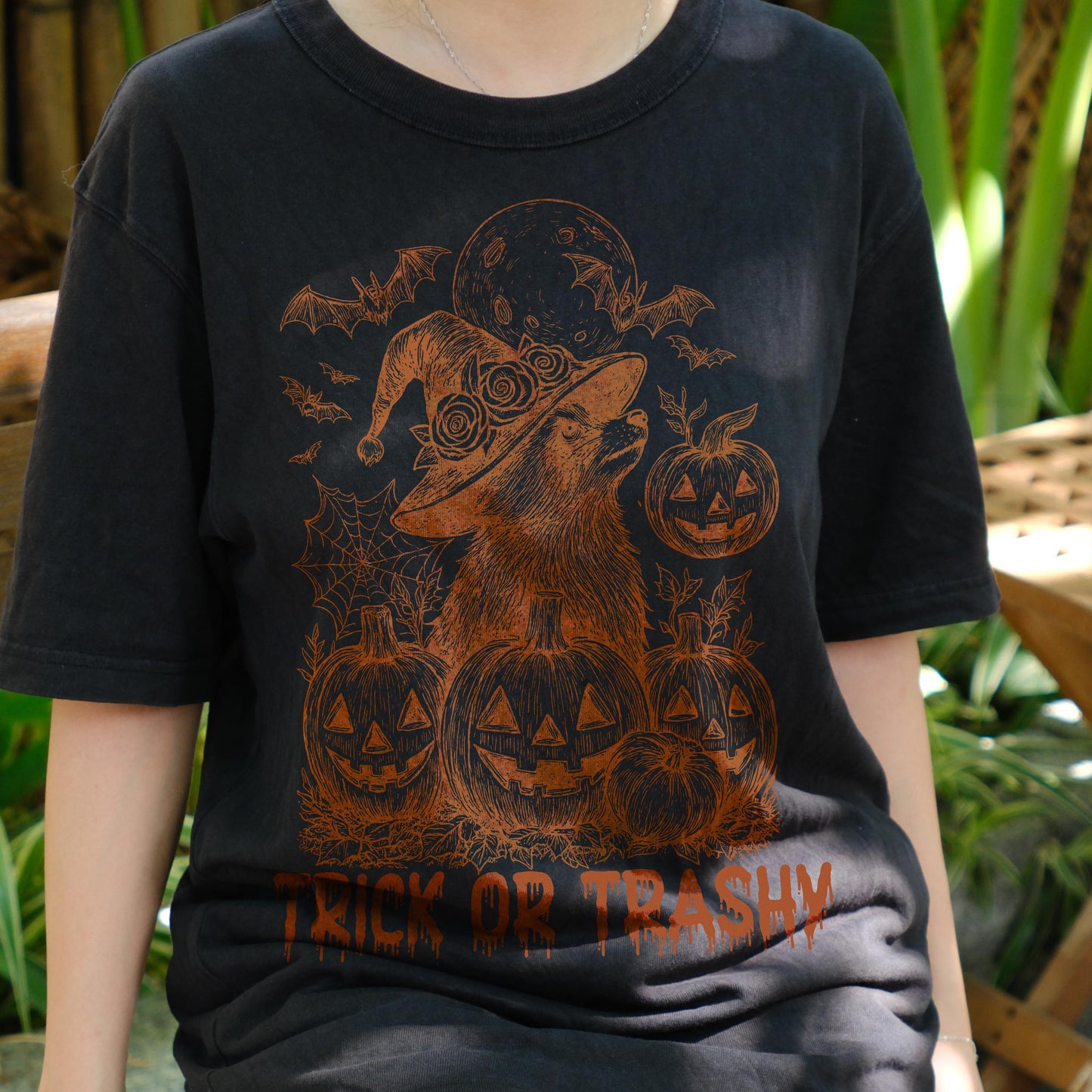 Trick or Trashy Raccoon Halloween Shirt, Funny Witch Pumpkin Tee, Spooky Trash Panda T-Shirt, Cute Fall Costume Party Gift Top