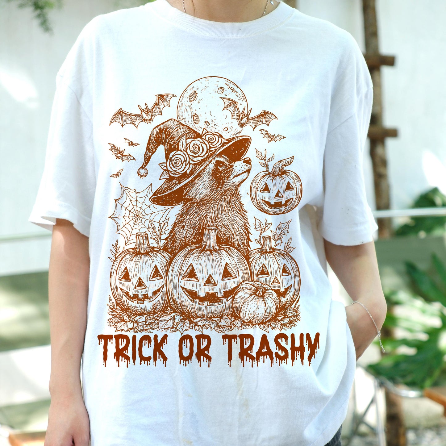 Trick or Trashy Raccoon Halloween Shirt, Funny Witch Pumpkin Tee, Spooky Trash Panda T-Shirt, Cute Fall Costume Party Gift Top