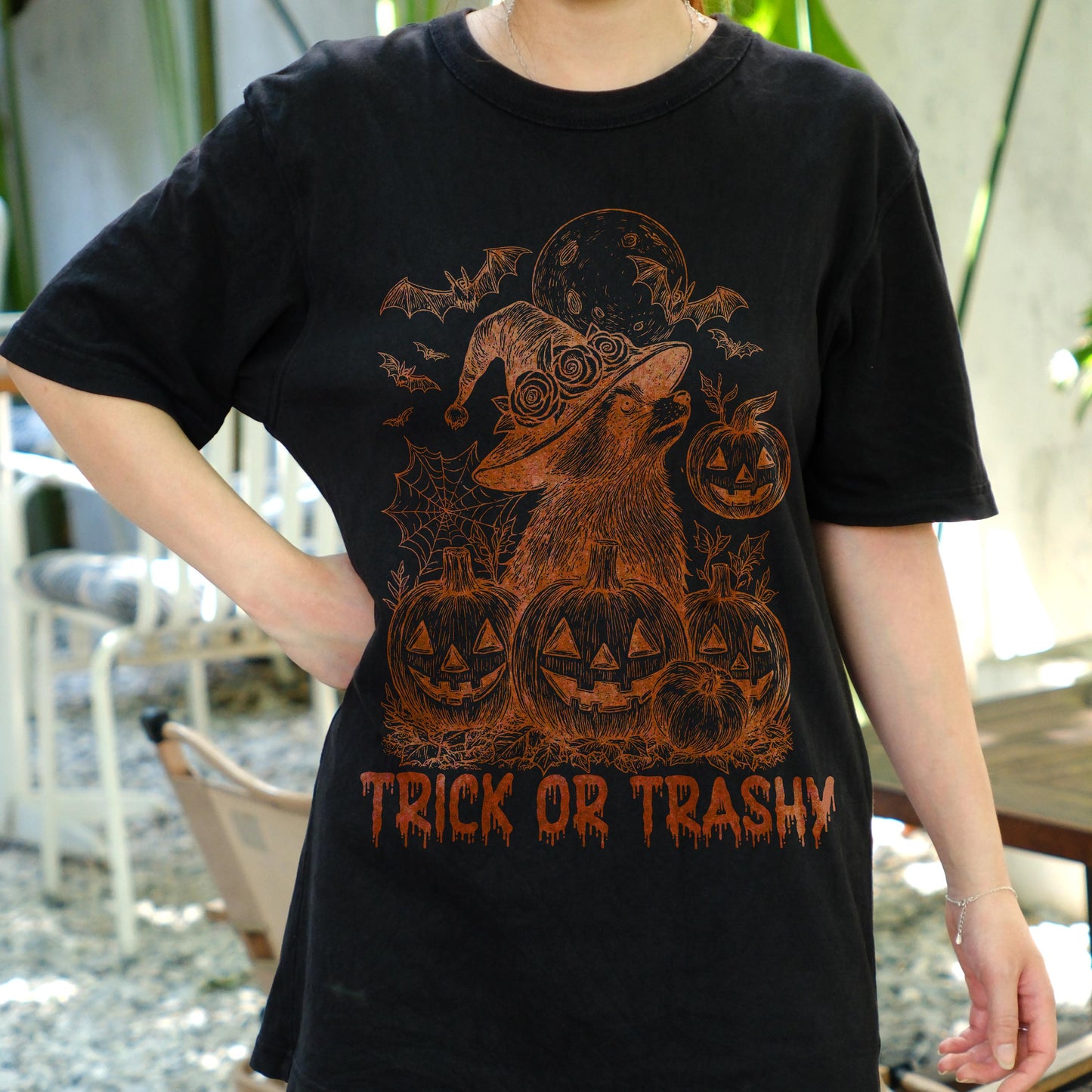 Trick or Trashy Raccoon Halloween Shirt, Funny Witch Pumpkin Tee, Spooky Trash Panda T-Shirt, Cute Fall Costume Party Gift Top