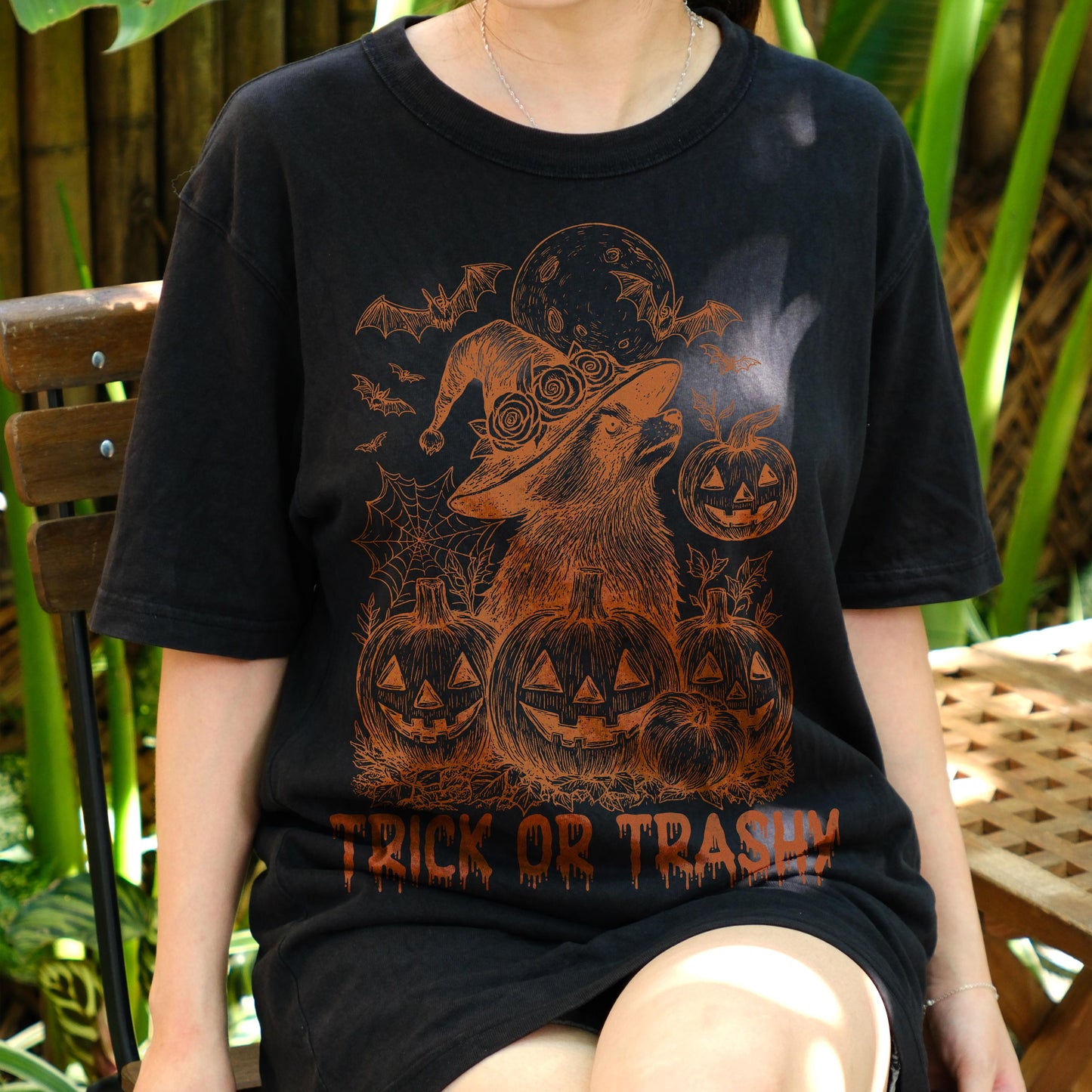 Trick or Trashy Raccoon Halloween Shirt, Funny Witch Pumpkin Tee, Spooky Trash Panda T-Shirt, Cute Fall Costume Party Gift Top
