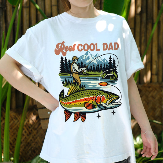 Reel Cool Dad Fishing Shirt, Funny Father's Day Gift for Dad, Trout Fisherman Tee, Outdoor Fisher Dad T-Shirt, Lake Fishing Apparel