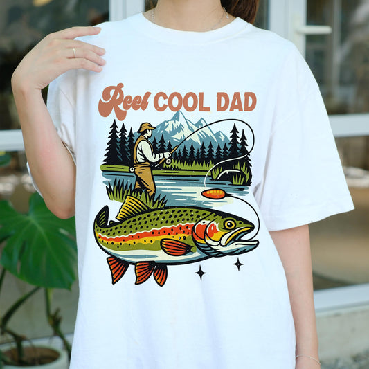 Reel Cool Dad Fishing Shirt, Funny Father's Day Gift for Dad, Trout Fisherman Tee, Outdoor Fisher Dad T-Shirt, Lake Fishing Apparel