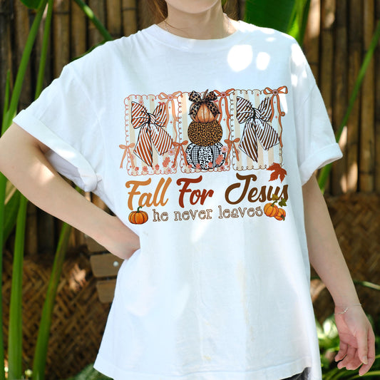 Fall For Jesus Shirt, Christian Pumpkin Tee, Faith Autumn T-Shirt, Religious Fall Graphic Tee, He Never Leaves, Church Outfit