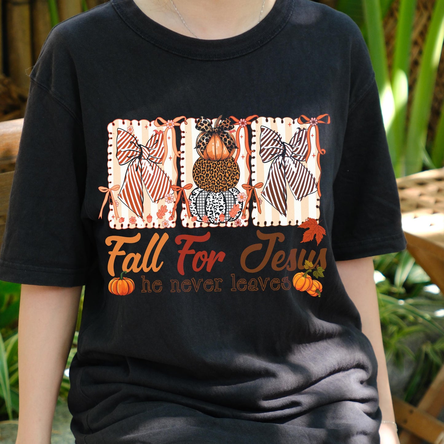 Fall For Jesus Shirt, Christian Pumpkin Tee, Faith Autumn T-Shirt, Religious Fall Graphic Tee, He Never Leaves, Church Outfit