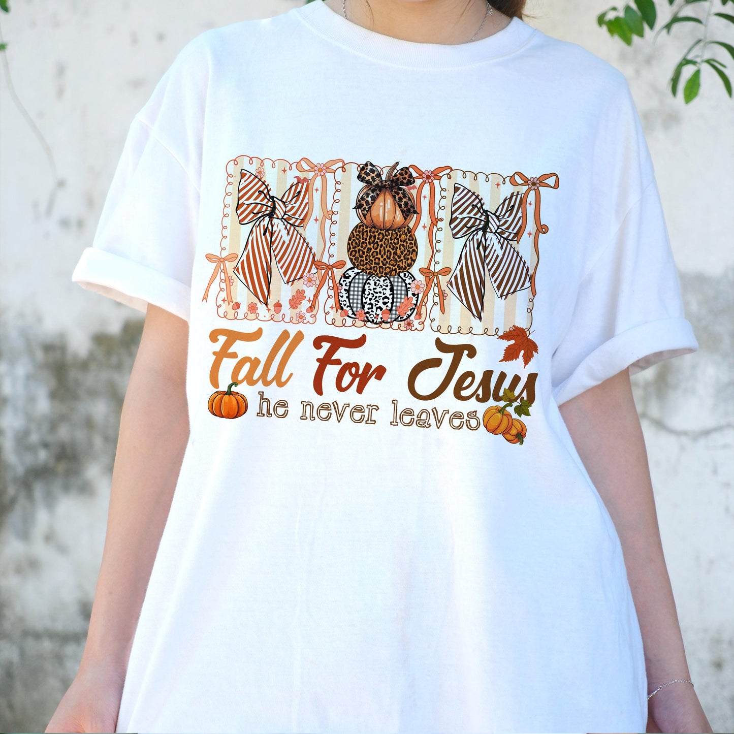 Fall For Jesus Shirt, Christian Pumpkin Tee, Faith Autumn T-Shirt, Religious Fall Graphic Tee, He Never Leaves, Church Outfit