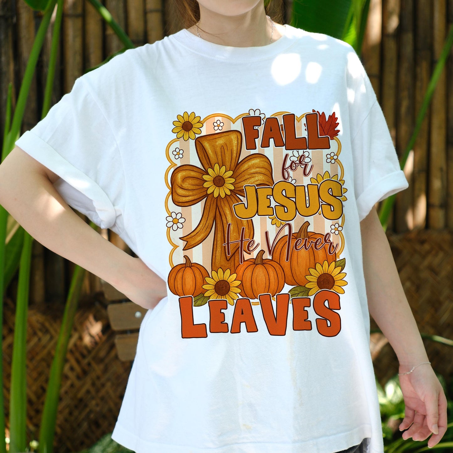 Fall For Jesus Shirt, He Never Leaves Tee, Christian Pumpkin T-Shirt, Faith Autumn Top, Religious Fall Graphic Tee, Church Outfit