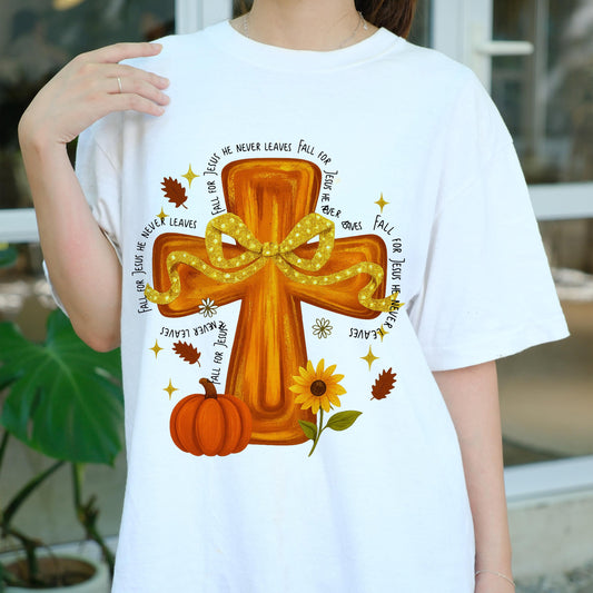 Fall For Jesus Shirt, He Never Leaves Tee, Christian Cross Pumpkin T-Shirt, Autumn Faith Top, Religious Fall Graphic Tee