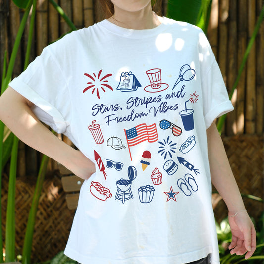 Stars Stripes and Freedom Vibes Shirt, 4th of July Graphic Tee, Patriotic Food and Fireworks Shirt, USA Independence Day T-Shirt